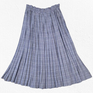 80s Vintage Blue White Plaid Liz Sport Linen Blend Pleated Midi Skirt Size 10